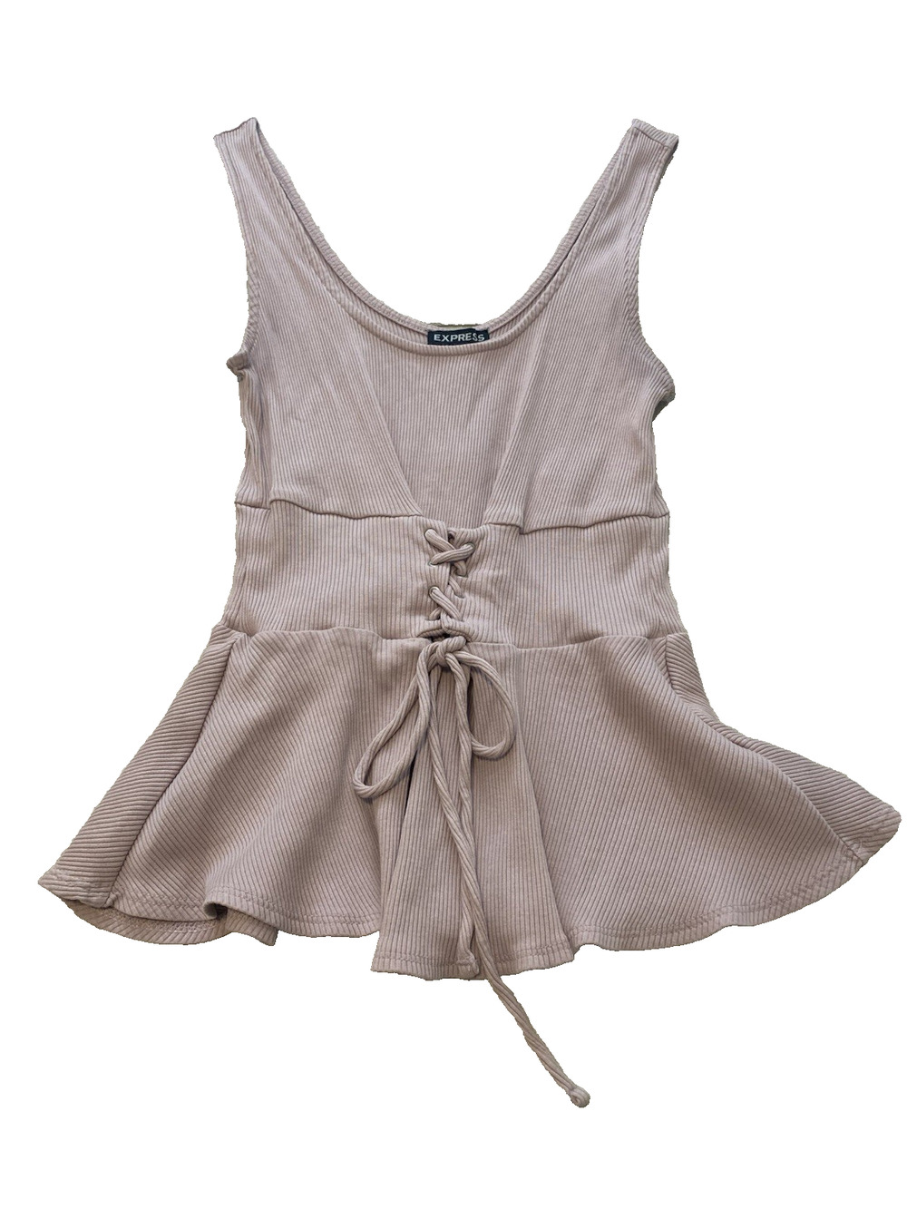 Express Women Dusty Pink Ribbed Peplum Top Small Corset Lace Up Front Flared Hem